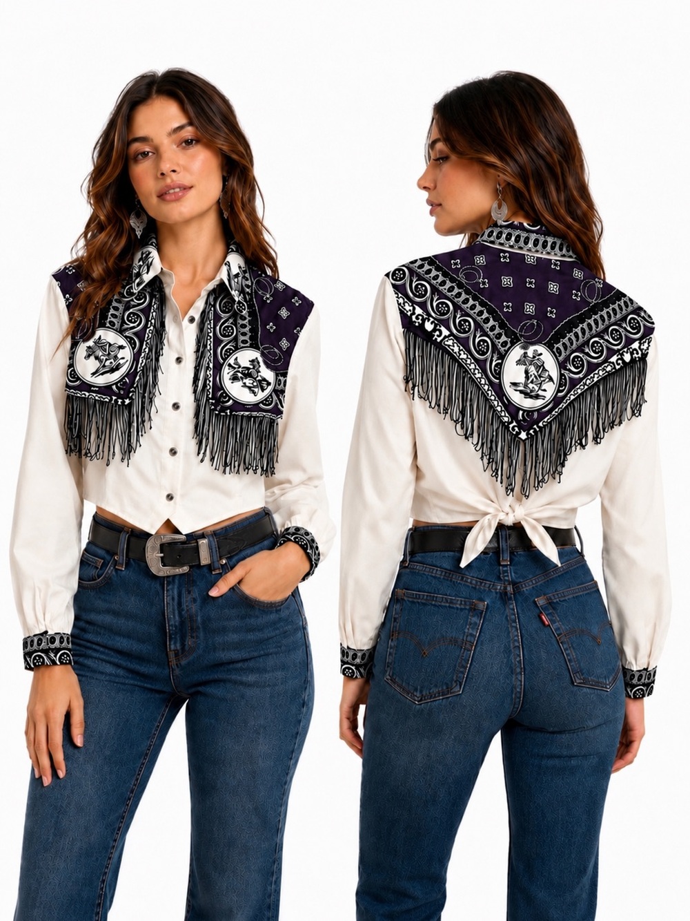 Vintage Roughrider by Circle T Western Fringe Cropped Purple Paisley Cowgirl USA